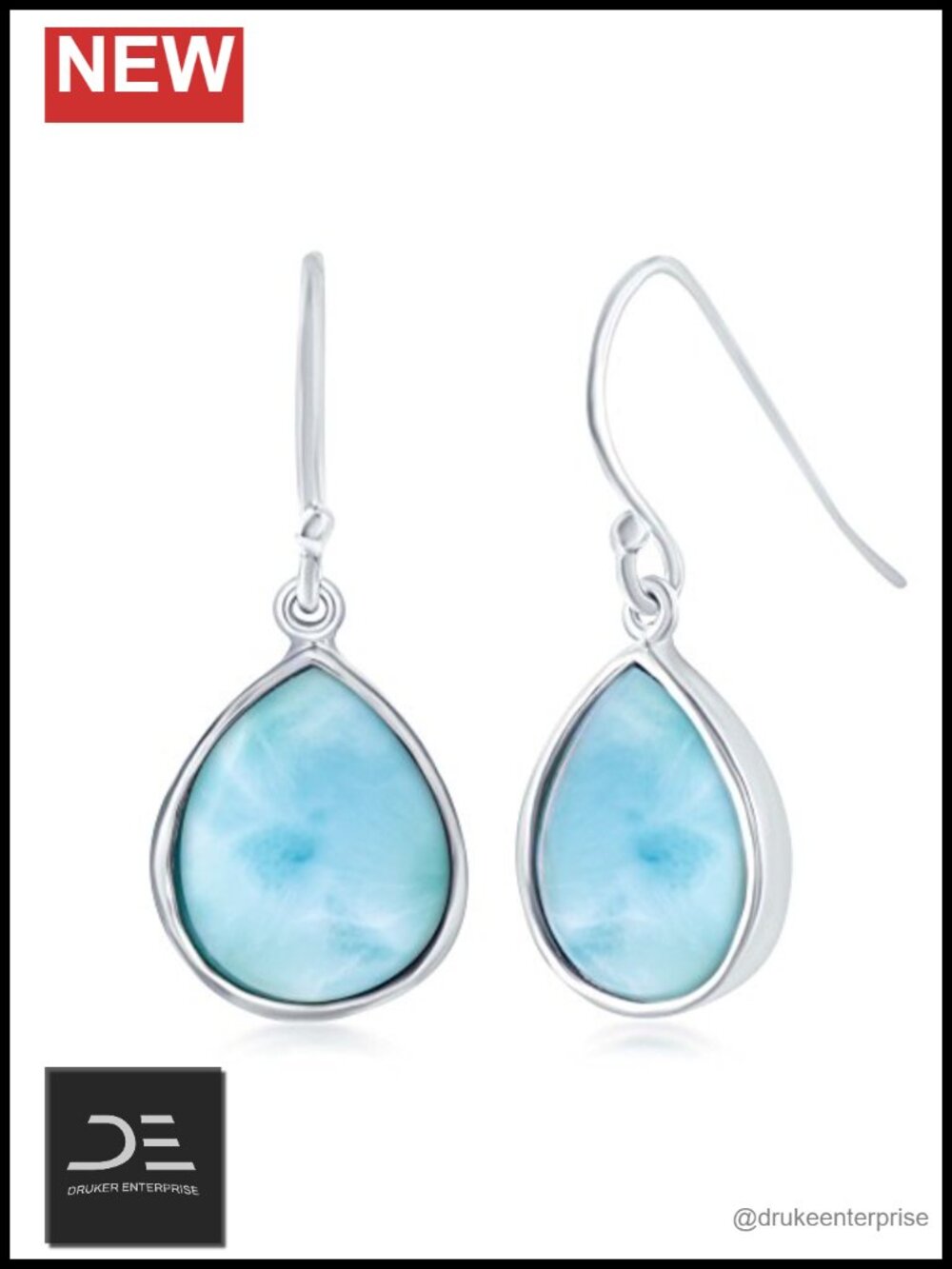 Natural Larimar Dangle Earrings 925 Sterling Silver Rhodium Teardrop Gemstone
